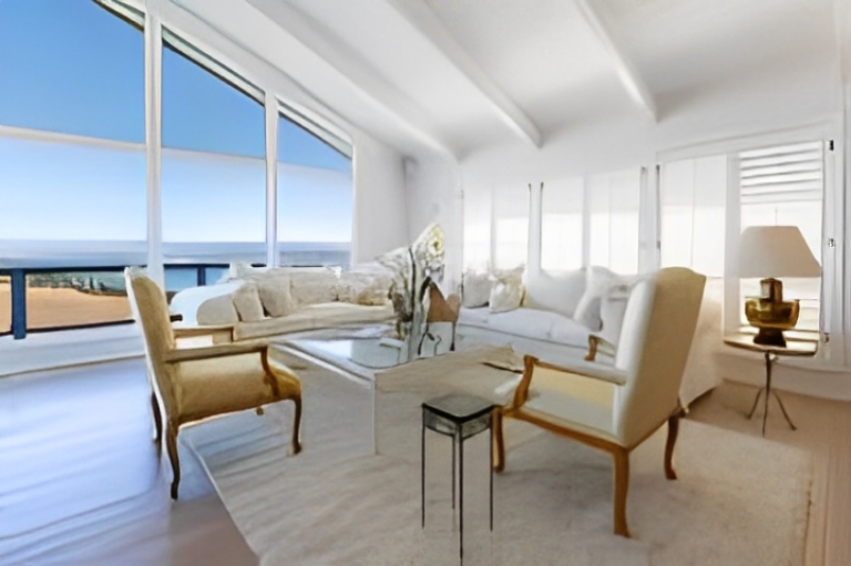 Bright living room with ocean view.