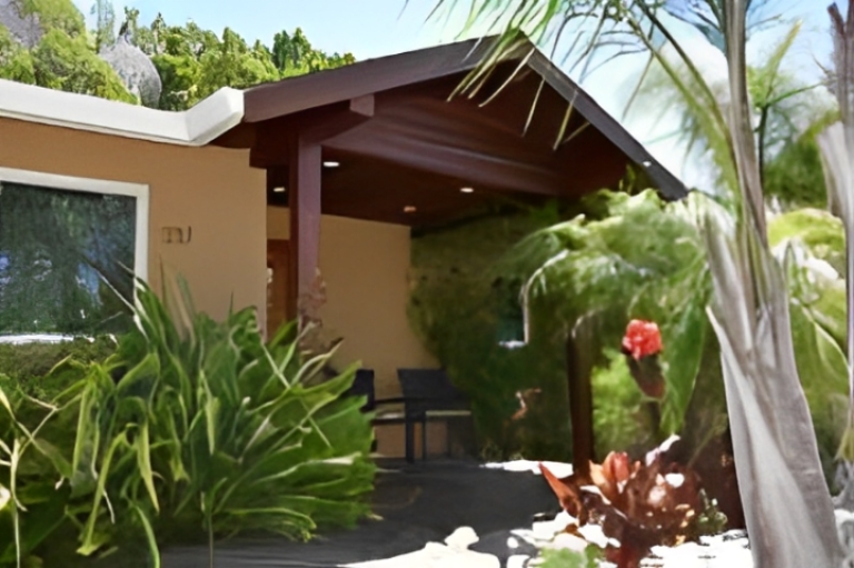 Modern house entrance with lush greenery.