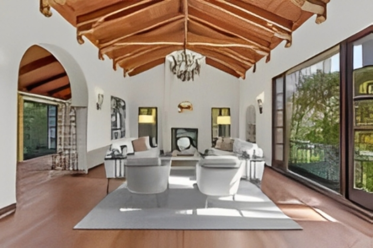 Spacious living room with wooden ceiling.