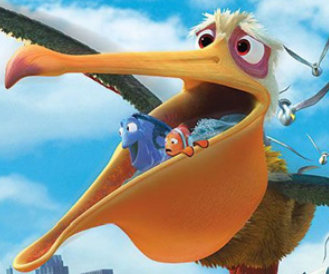 Pelican carrying two fish in its beak.