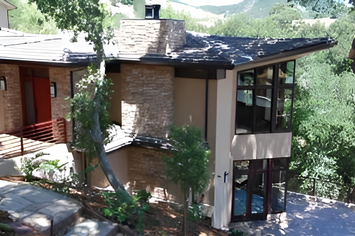 Modern house with large windows and trees.
