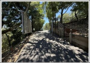 Dappled driveway leading through open gate