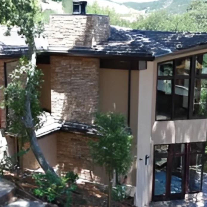 Modern house with stone and glass exterior.