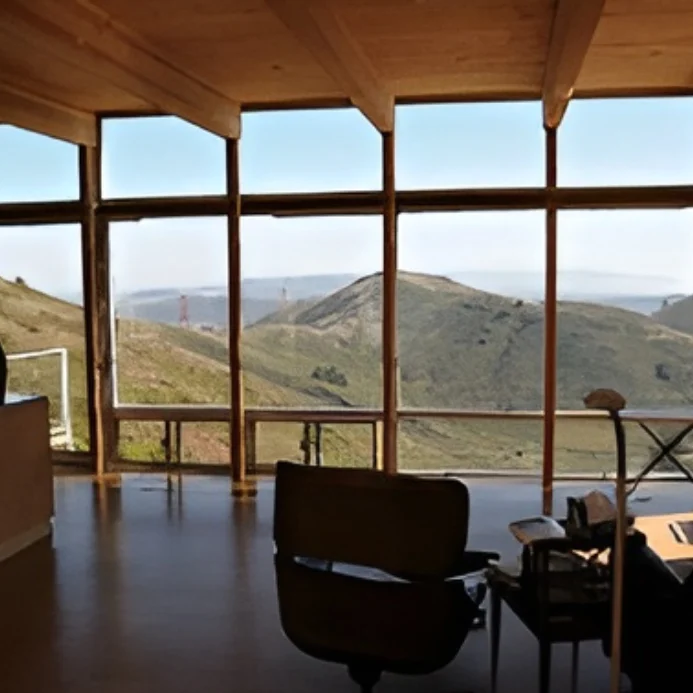 Modern room with mountain view through windows.
