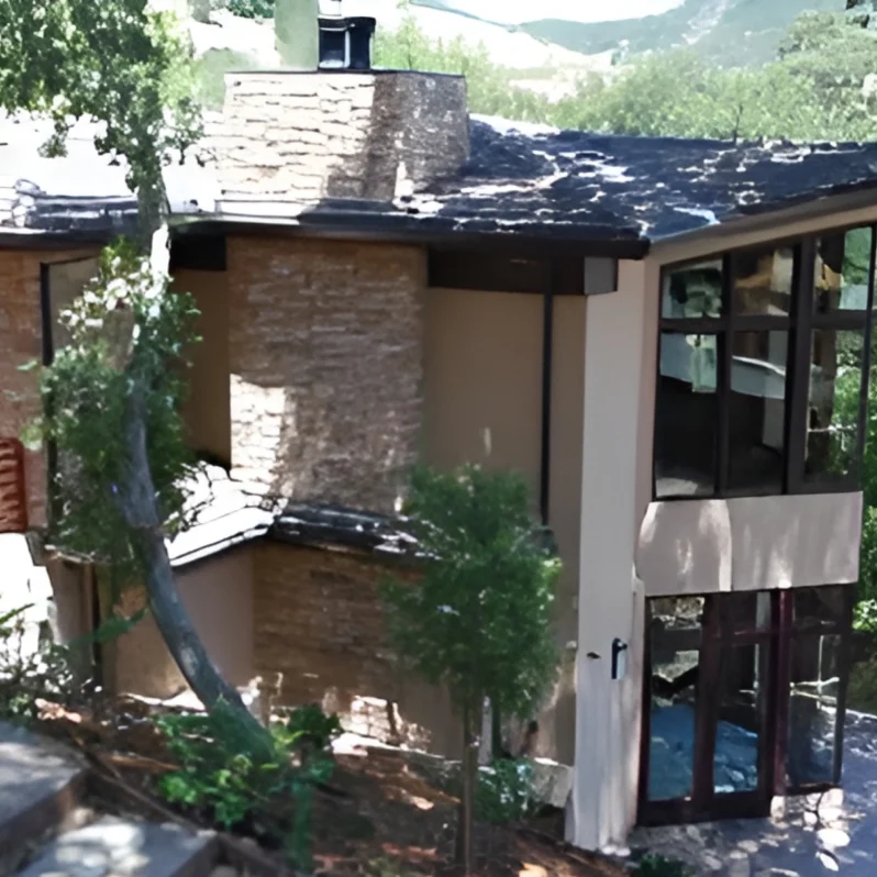 Modern house with large windows and trees.
